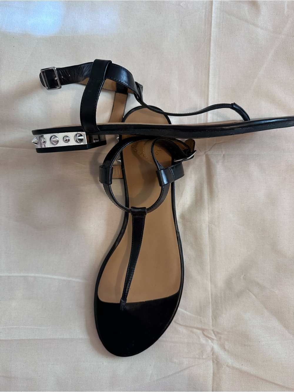 Marc by Marc Jacobs Black Leather T-Strap Sandals with Studded Heel Accent